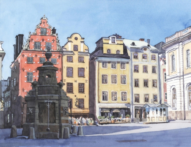 Reproducerad akvarell/giclée - På Stortorget i Gamla stan
